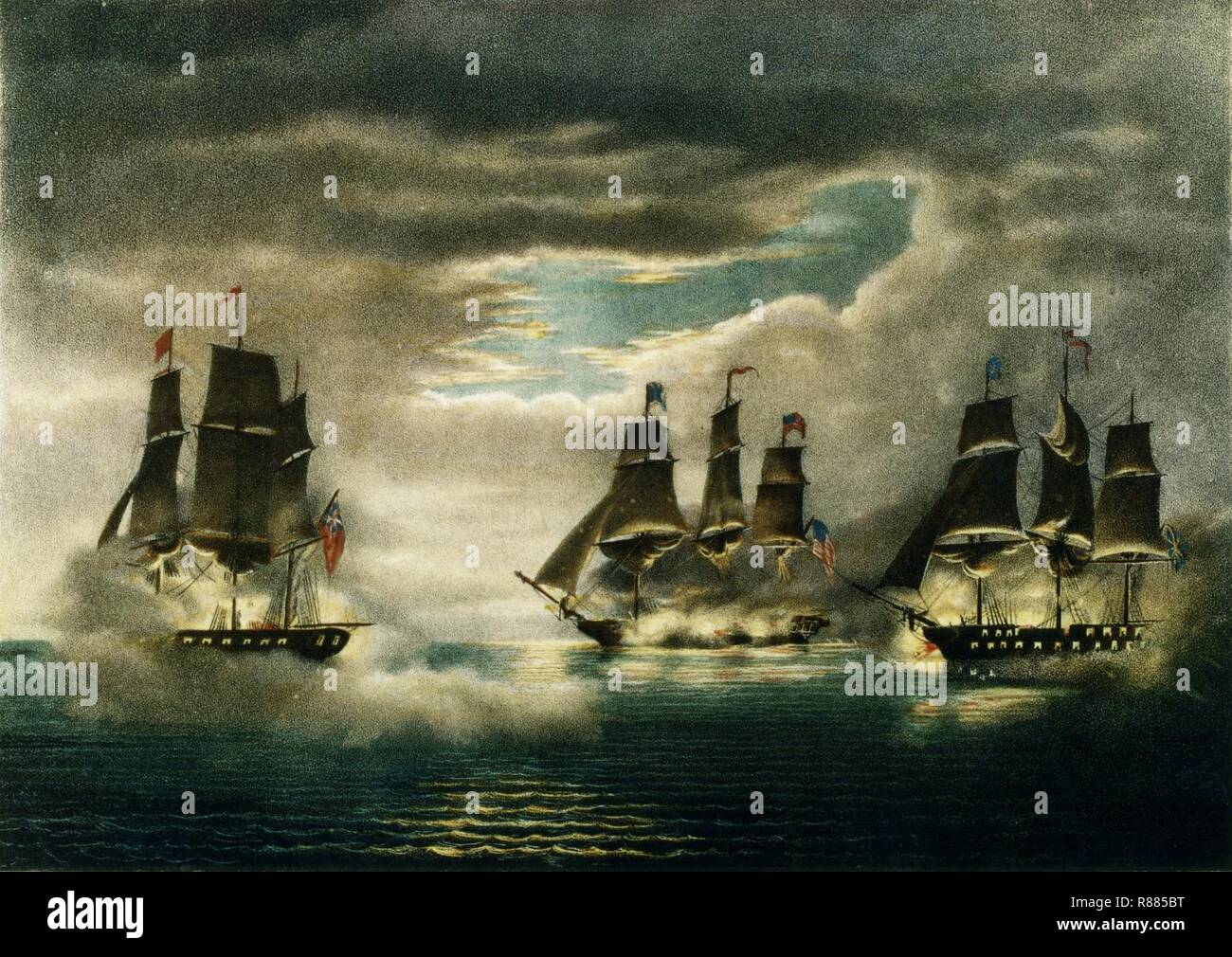Capture de navires H.M. & Ciane Levant, par la frégate américaine Constitution. Banque D'Images