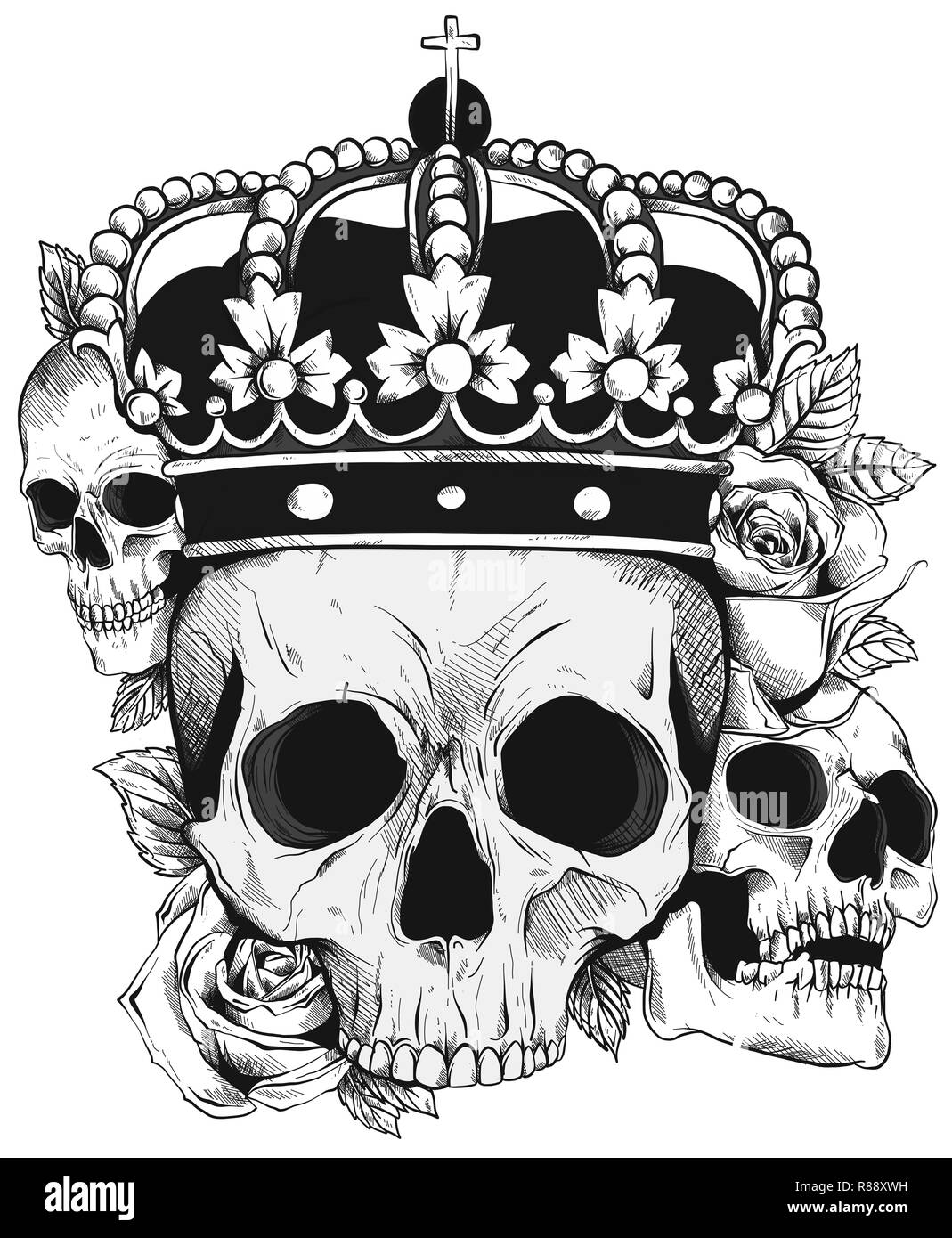 Noir et blanc graphique crâne humain avec royal lily roi couronne et diamants Banque D'Images