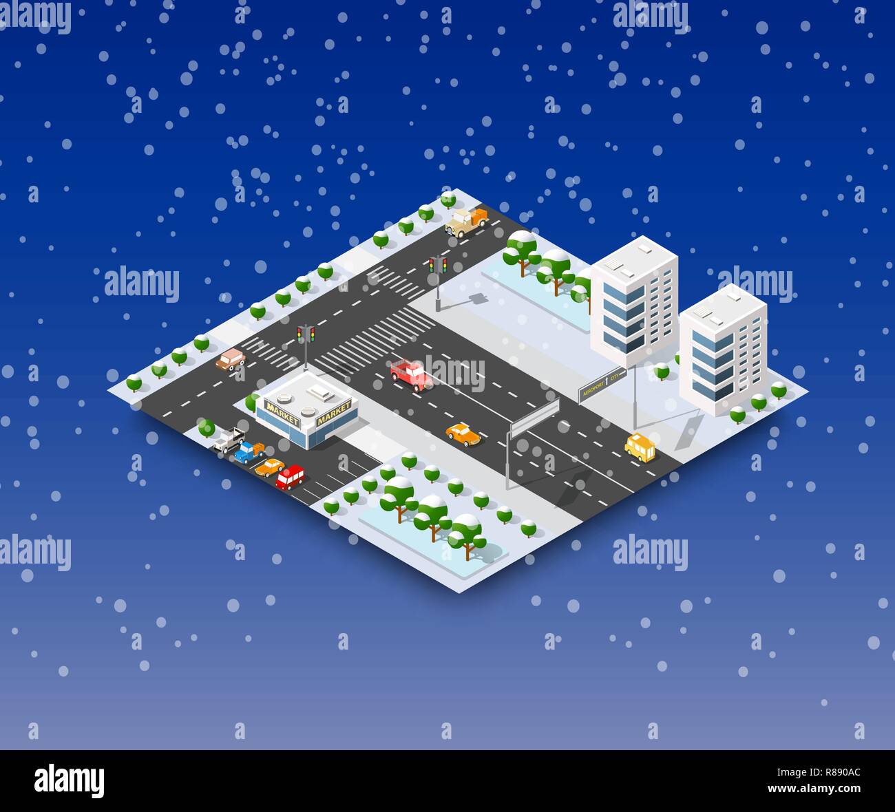 Nouvel An Noël hiver ville paysage ville isométrique avec maisons et gratte-ciel, entreprises et usines, avec des voitures de l'autoroute Illustration de Vecteur