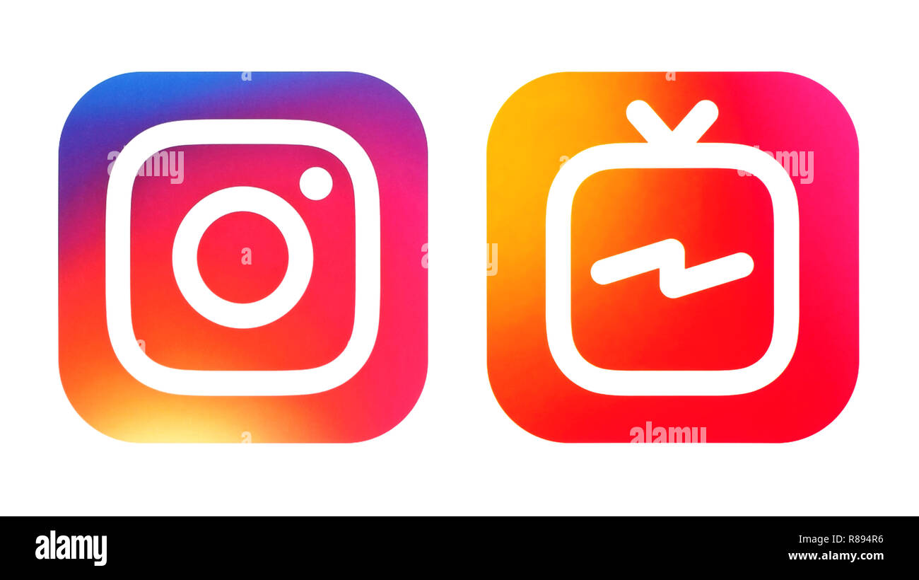 Kiev, Ukraine - Juillet 07, 2018 : l'icône Instagram Instagram et icône IGTV imprimés sur papier blanc Banque D'Images