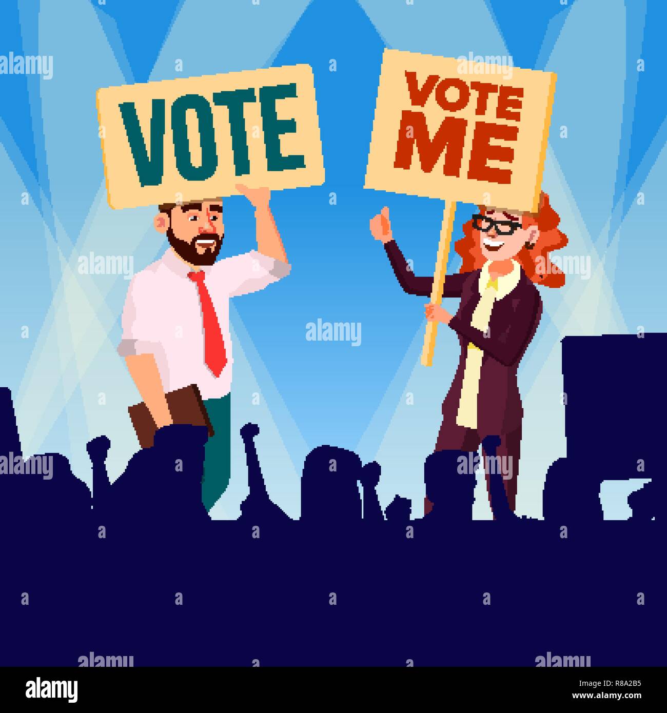 L'agitation et appeler à voter vecteur. Personnages féminins et masculins Holding [Affiche voter et crier au cours de réunion politique. Illustration Illustration de Vecteur