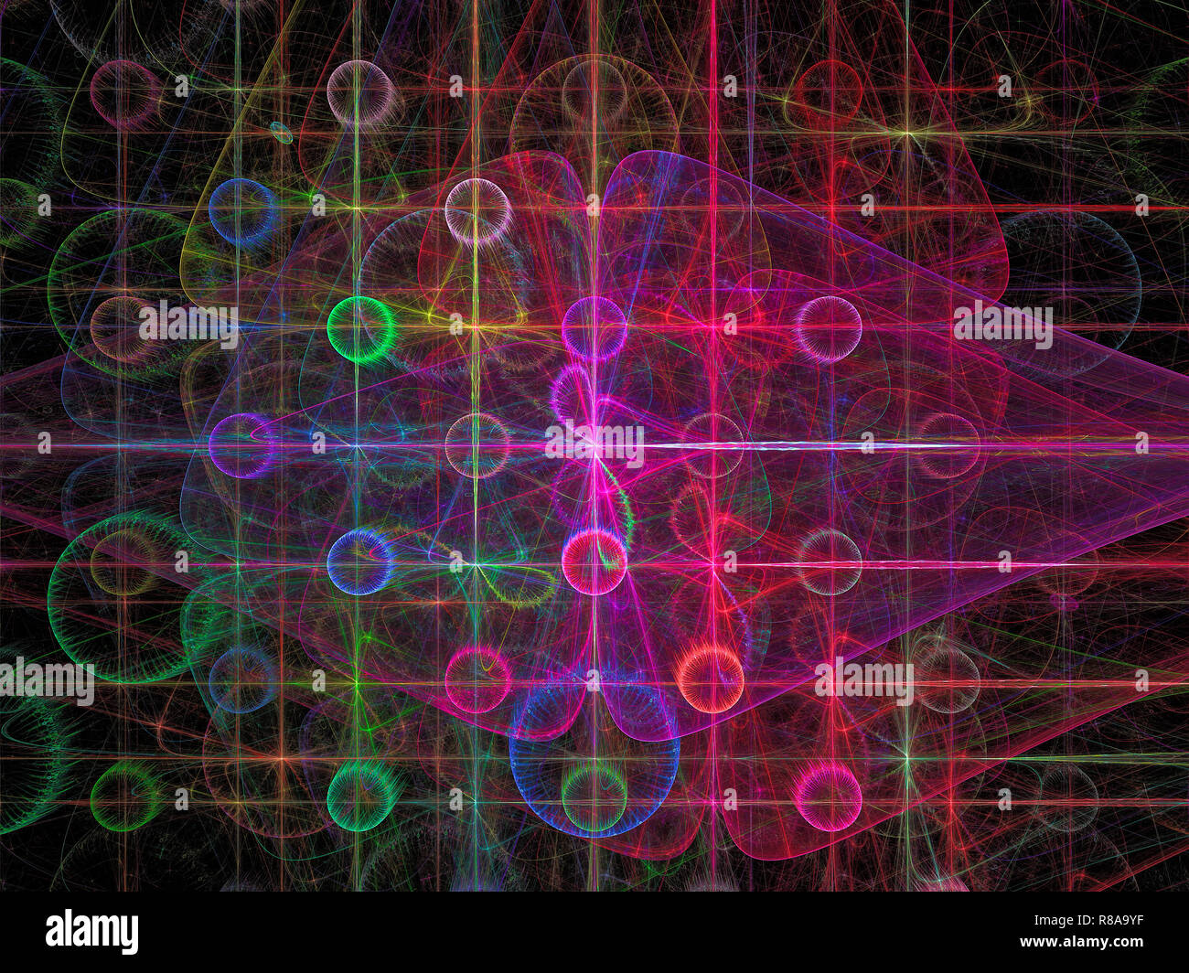 Résumé motif violet avec des cercles lumineux et grille - image générée par ordinateur. Art fractal pour papier peint de bureau, web design, couvre. Banque D'Images