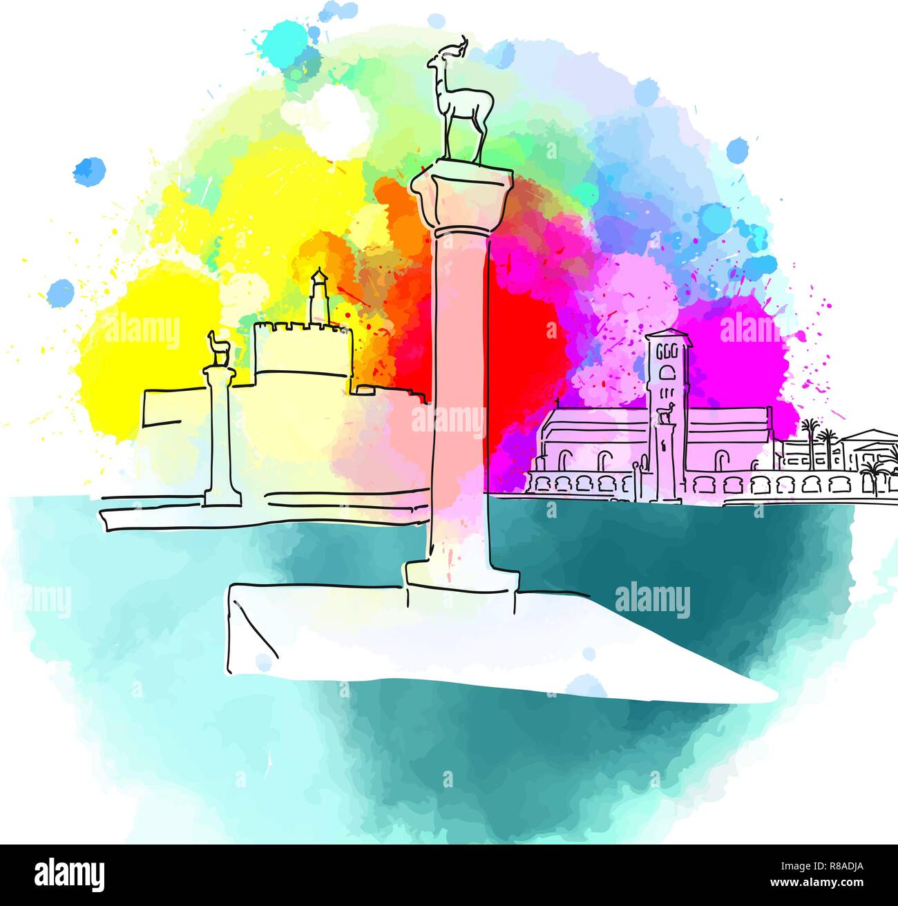Rhodes Grèce colorés de destinations de voyage. Vector illustration dessinée à la main. Célèbre série de destinations de voyage. Illustration de Vecteur