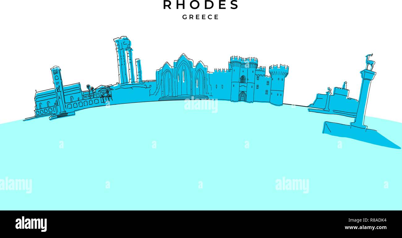 Rhodes Grèce panorama. Vector illustration dessinée à la main. Célèbre série de destinations de voyage. Illustration de Vecteur