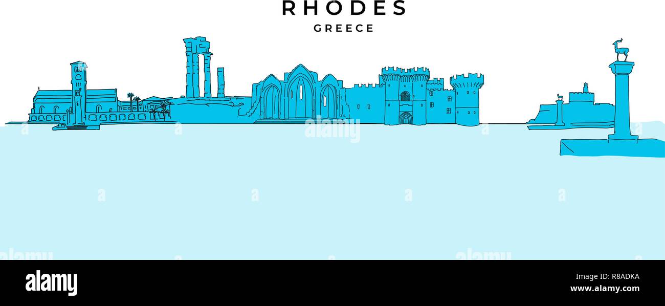 Rhodes Grèce panorama dessin. Vector illustration dessinée à la main. Célèbre série de destinations de voyage. Illustration de Vecteur