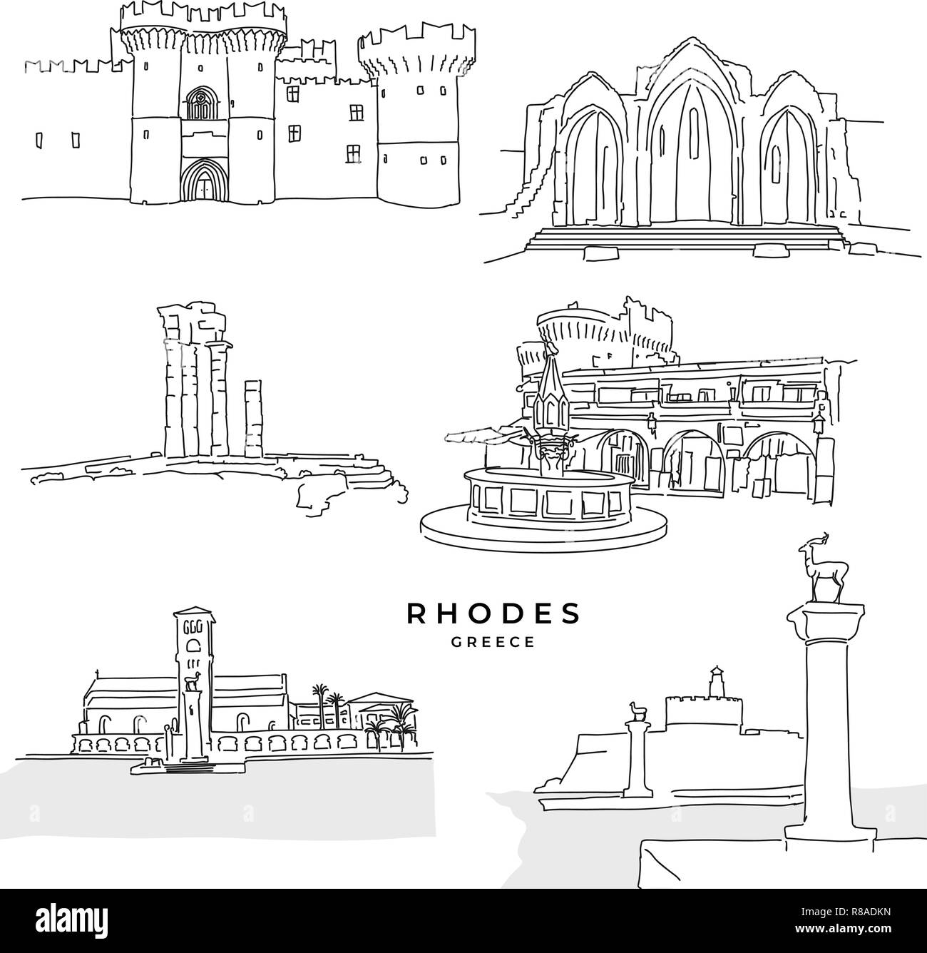 Rhodes Grèce landmarks dessins. Vector illustration dessinée à la main. Célèbre série de destinations de voyage. Illustration de Vecteur