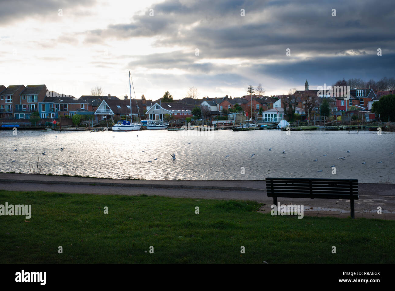 Le parc Riverside à Southampton, banc et de l'herbe au premier plan, au milieu de la rivière avec quelques boaths seaguls, et certains et maisons en arrière-plan. Banque D'Images