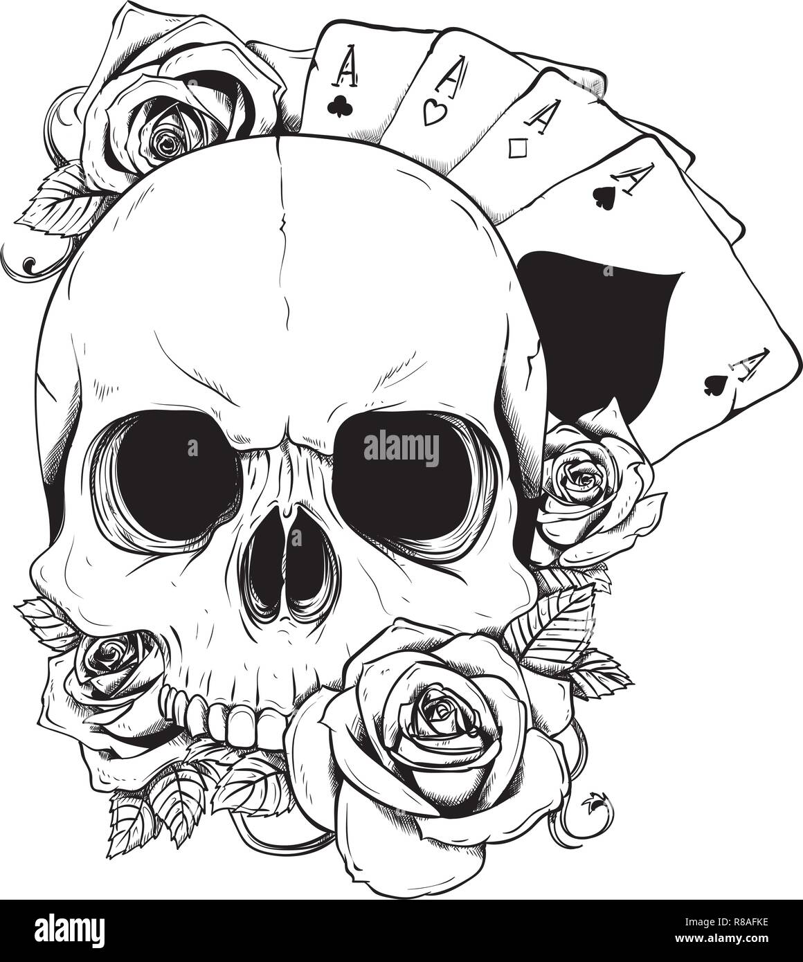 Les as du poker et les roses avec crâne, grunge vintage vector Illustration de Vecteur