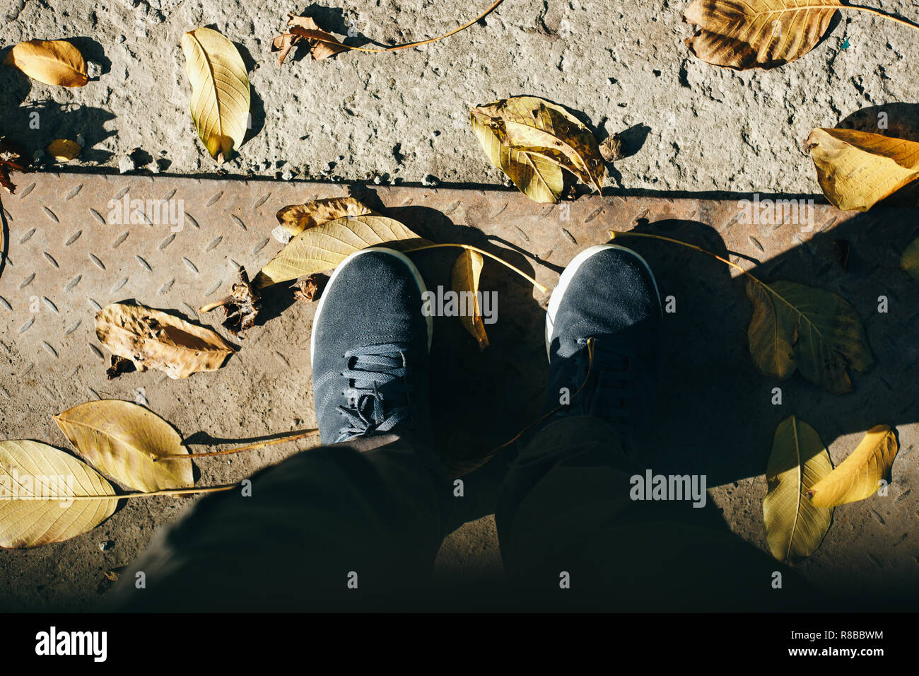 Un gars en pantalon gris et Blue Suede Shoes est debout sur le sol recouvert de feuilles en automne. Banque D'Images Un gars en pantalon gris et Blue Suede Shoes est debout sur le sol recouvert de feuilles en automne. Banque D'Images