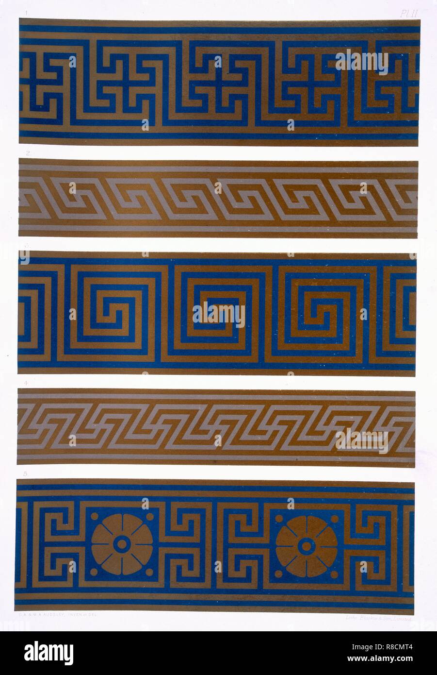 Ornement grec : Les bandes ou les frontières dans le noir sur la lumière et la lumière sur les couleurs foncées, pub. 1892. Créateur : George Ashdown Audsley (1838-1925). Banque D'Images