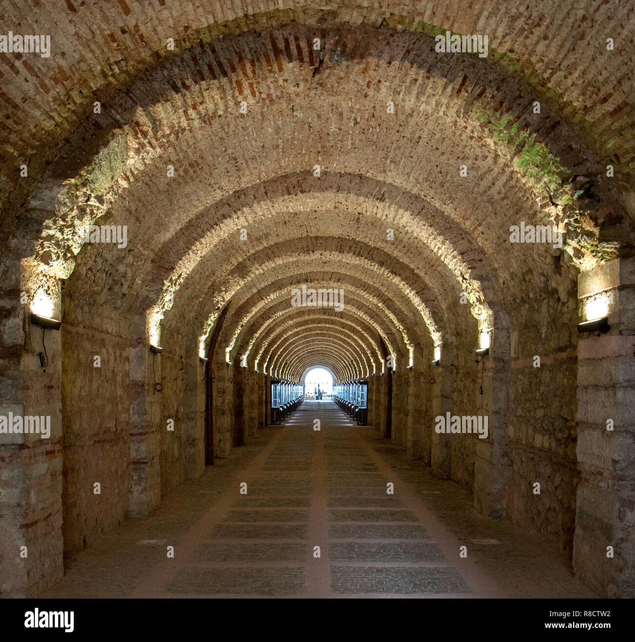 Une lumière brillant à la fin d'un tunnel en briques anciennes. Banque D'Images