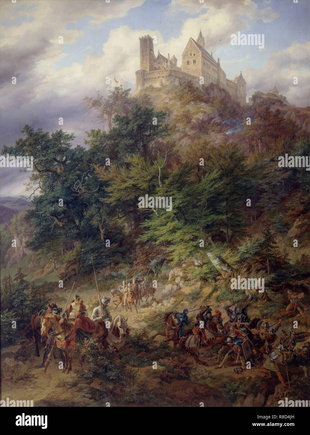Paysage avec la Wartburg (chevaliers), 1836. Banque D'Images