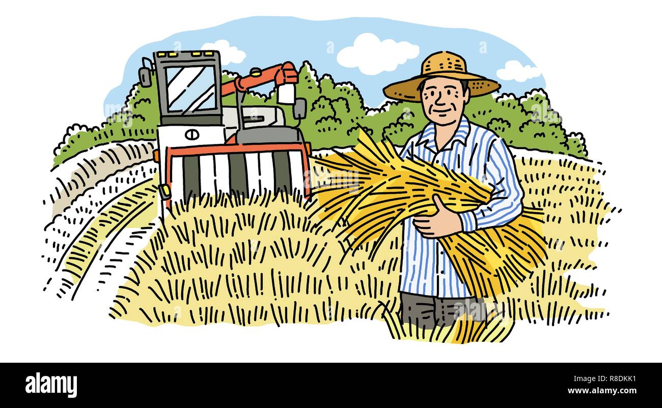 Dessin caricature d'agriculteurs et aux pêcheurs avec leurs produits agricoles et marines illustration vectorielle. 001 Illustration de Vecteur