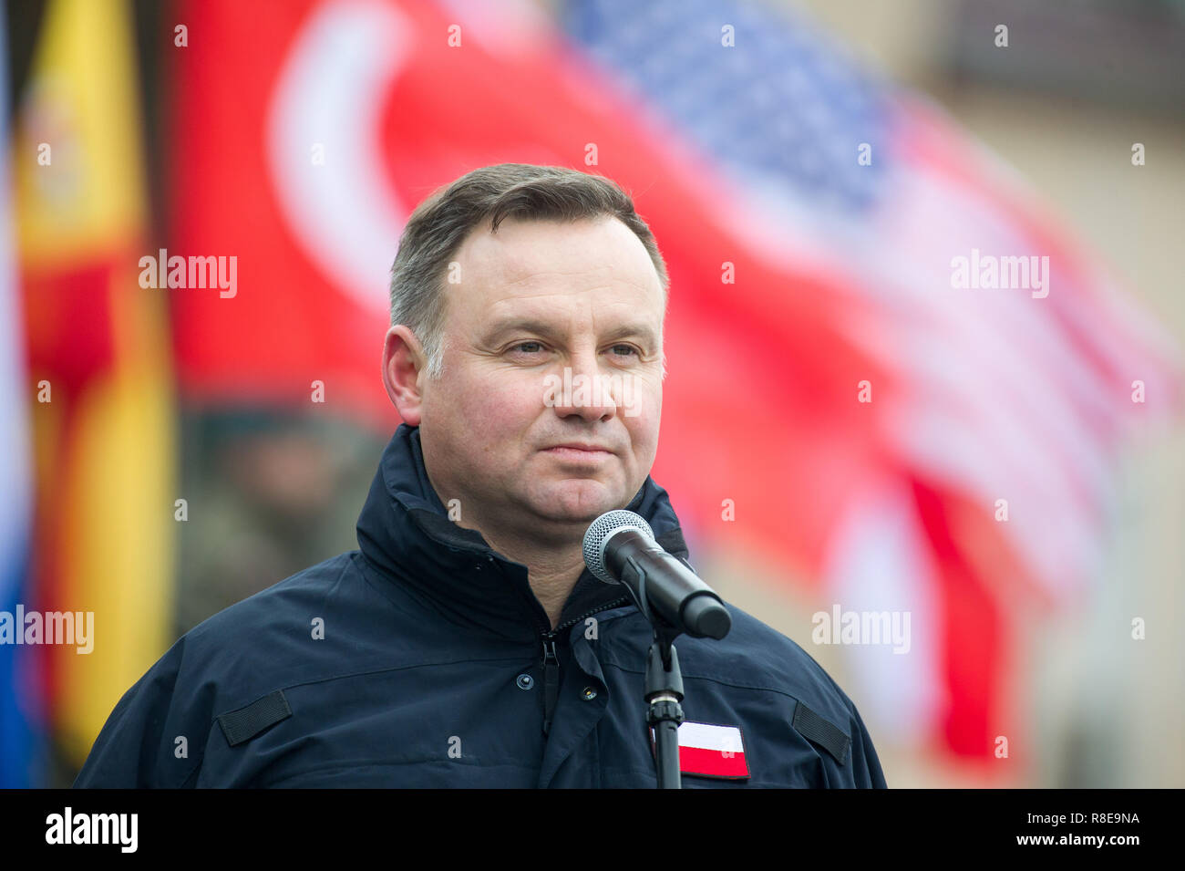 Andrzej Duda, Président de Pologne, au cours de sa visite dans la Division multinationale nord-est de la DN-ne siège à Elblag, Pologne. 6 décembre 2018 © Wo Banque D'Images