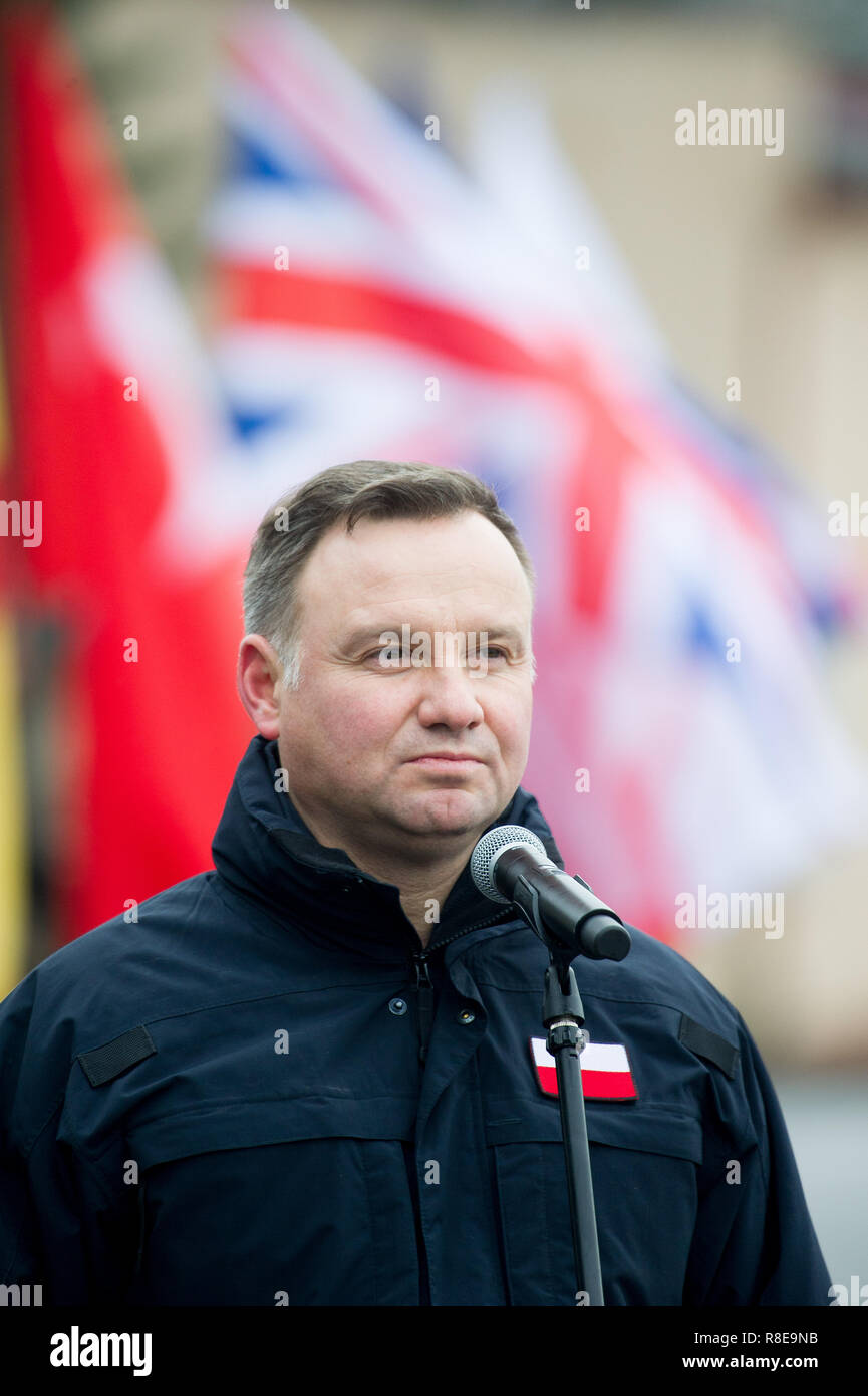 Andrzej Duda, Président de Pologne, au cours de sa visite dans la Division multinationale nord-est de la DN-ne siège à Elblag, Pologne. 6 décembre 2018 © Wo Banque D'Images