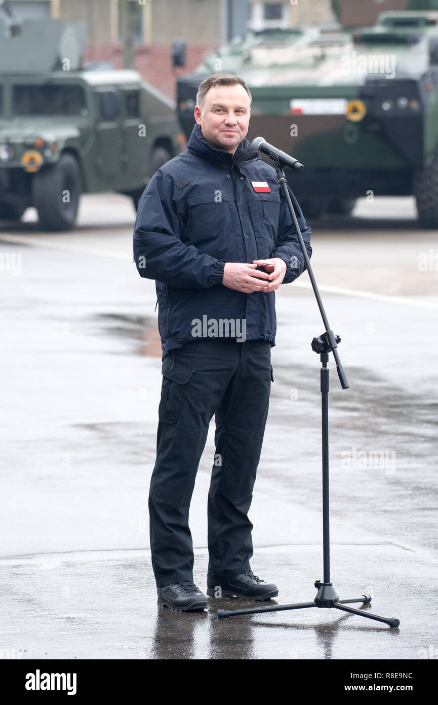 Andrzej Duda, Président de Pologne, au cours de sa visite dans la Division multinationale nord-est de la DN-ne siège à Elblag, Pologne. 6 décembre 2018 © Wo Banque D'Images