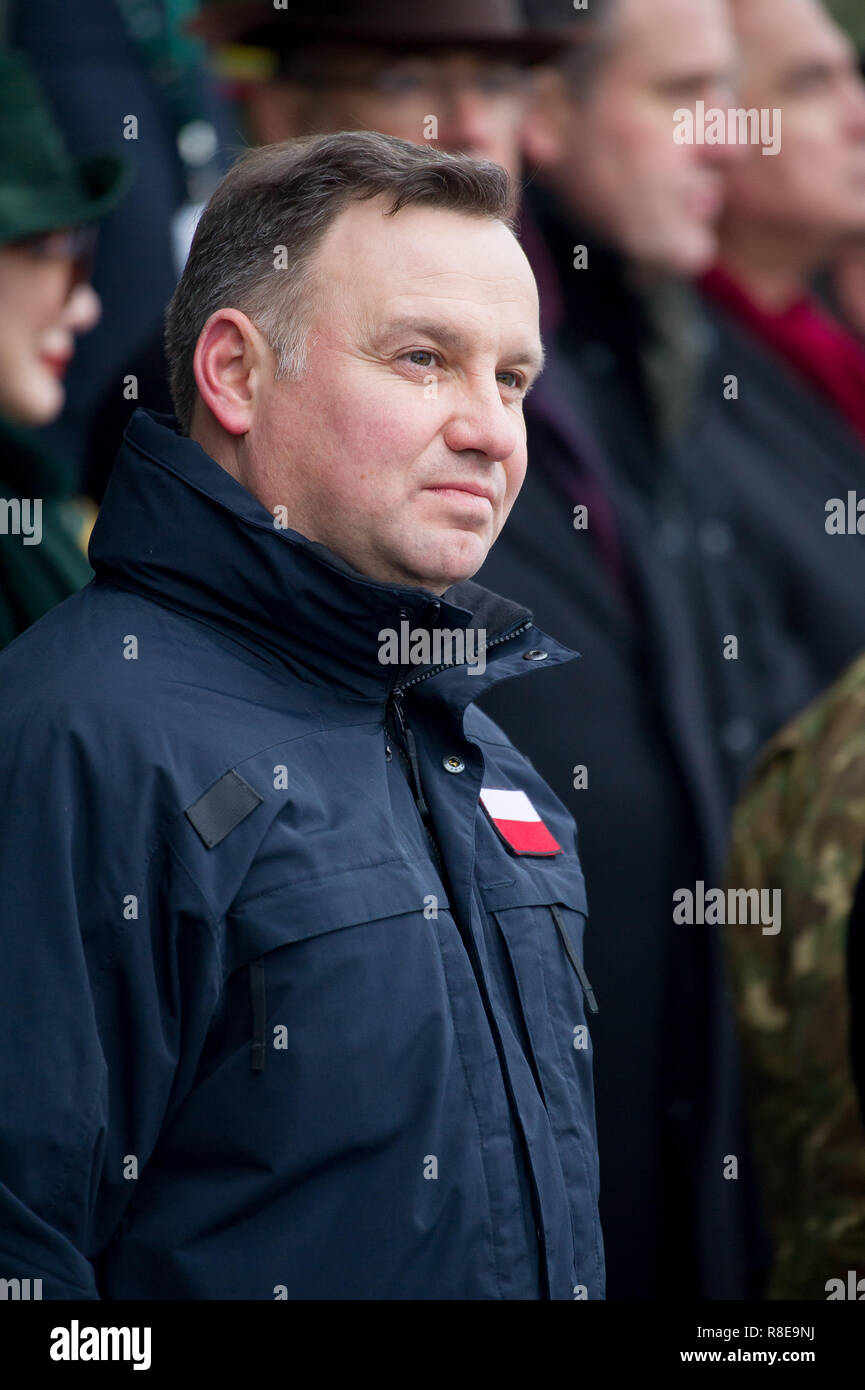 Andrzej Duda, Président de Pologne, au cours de sa visite dans la Division multinationale nord-est de la DN-ne siège à Elblag, Pologne. 6 décembre 2018 © Wo Banque D'Images