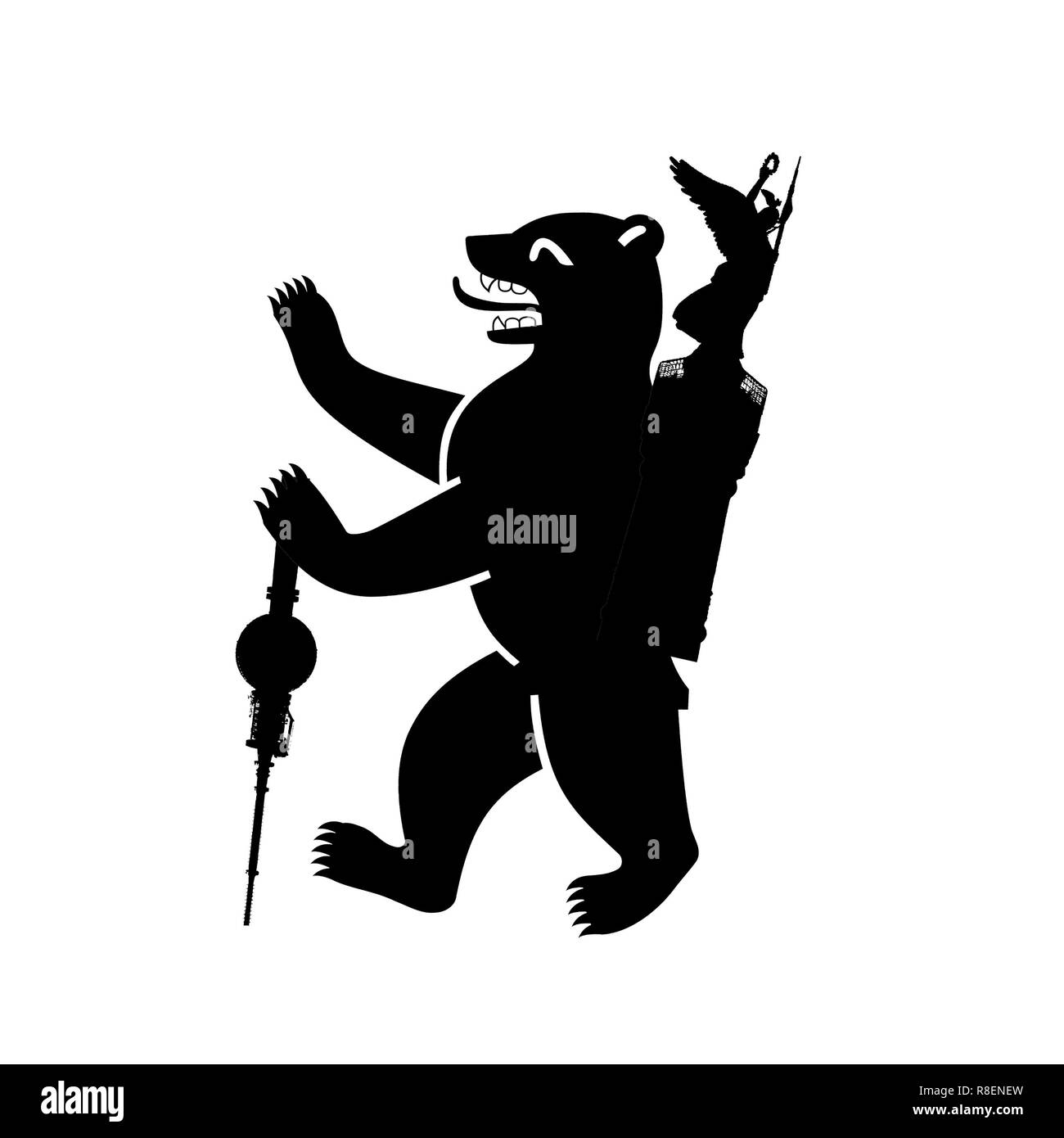 Ours de Berlin comme Rambler avec la tour de télévision comme bâton de marche et la colonne de la victoire comme sac à dos, illustration en noir et blanc Banque D'Images