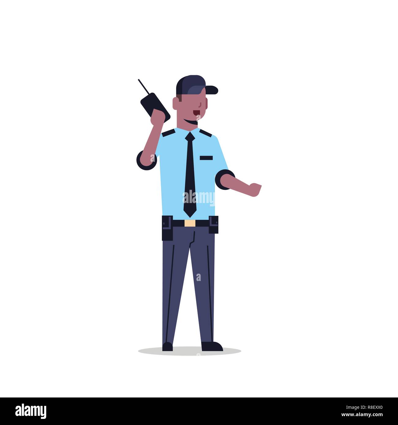 African American security guard holding homme en uniforme policier radio talkie walkie parlant personnage masculin télévision pleine longueur isolée Illustration de Vecteur