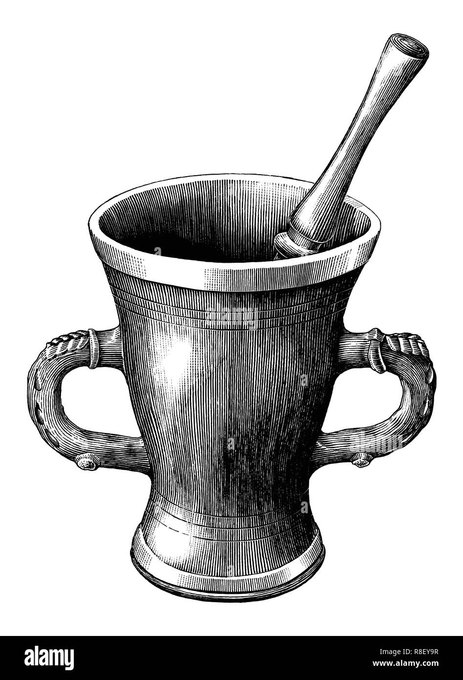 Mortier et pilon vintage gravure illustration isolé sur fond blanc,logo de pharmacie et de médecine Illustration de Vecteur