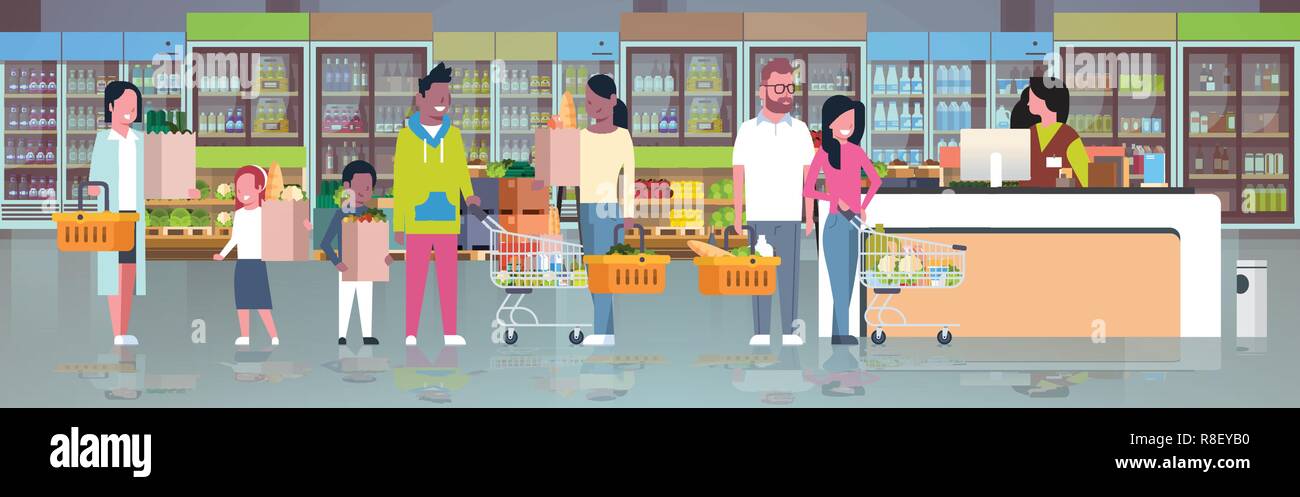 Femme de détail à la caisse caisse supermarché race mix clients holding basket avec des aliments l'article d'attente en ligne shopping concept intérieur plate horizontale du marché de l'alimentation Illustration de Vecteur