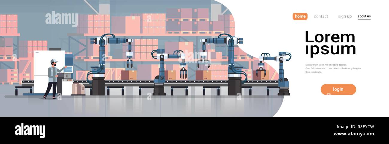 Contrôle de l'ingénieur l'homme Bande de mains robotiques de ligne de production Automatisation d'usine de fabrication de stockage entrepôt concept horizontal intérieur copy space vector illustration Illustration de Vecteur