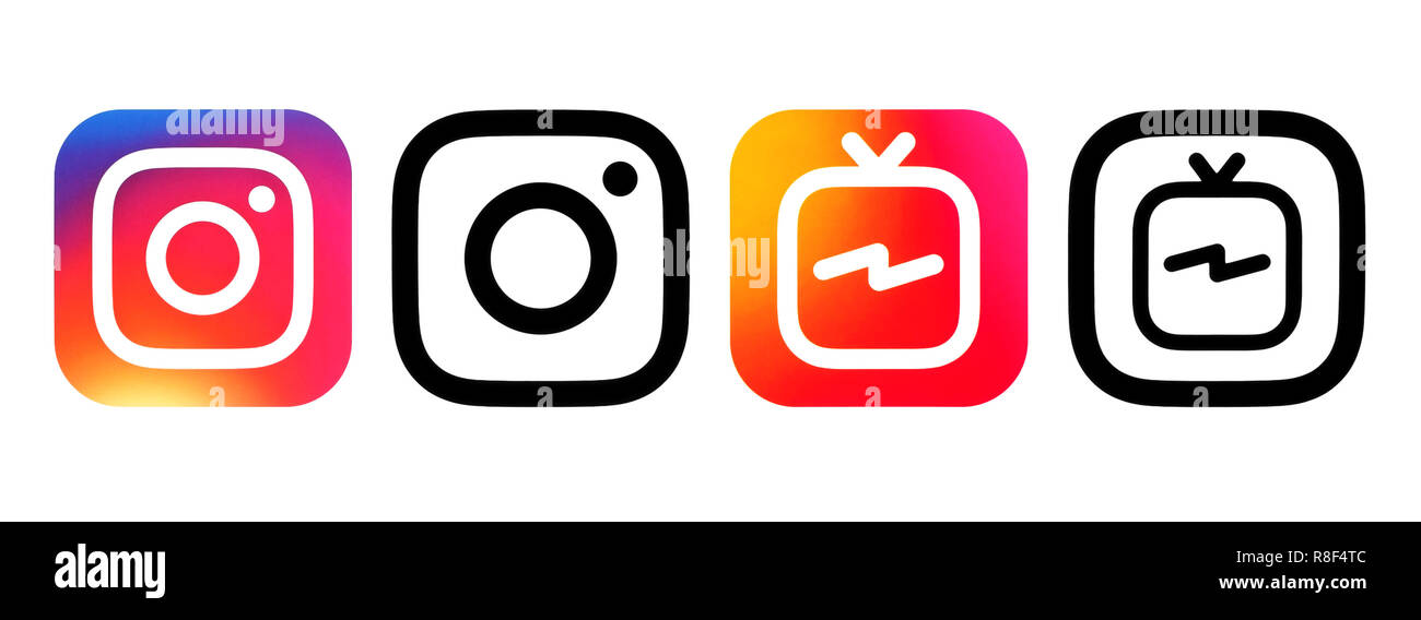 Kiev, Ukraine - 09 octobre, 2018 : couleur et noir Instagram Instagram avec icônes plat (IGTV) icônes couleur et noir imprimé sur papier blanc Banque D'Images