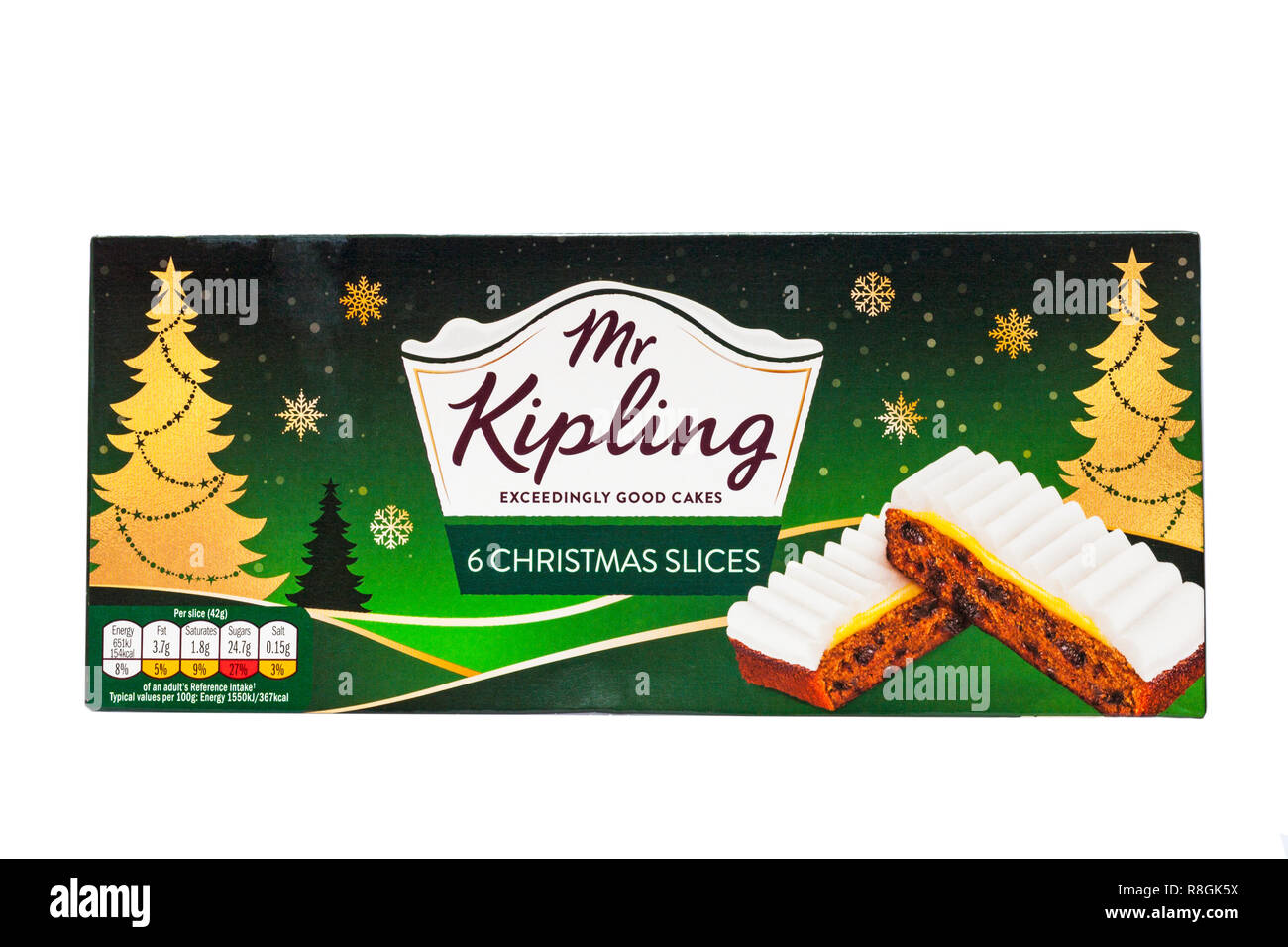 Fort de Mr Kipling 6 tranches très bons gâteaux de Noël om isolé sur fond blanc Banque D'Images