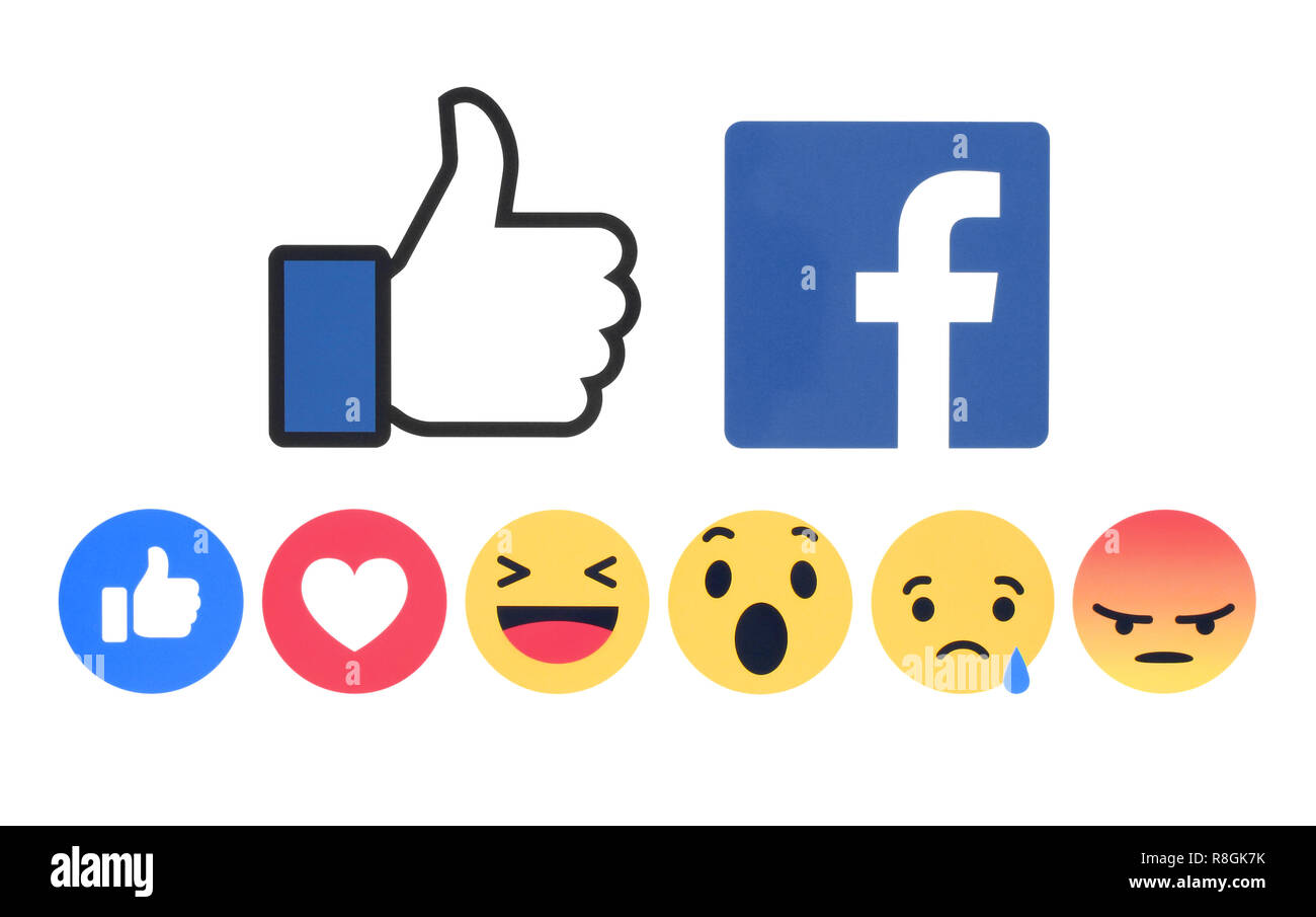 Kiev, Ukraine - 07 novembre 2018 : Nouveau Facebook like button 6 Réactions Emoji empathique imprimés sur papier blanc. Banque D'Images