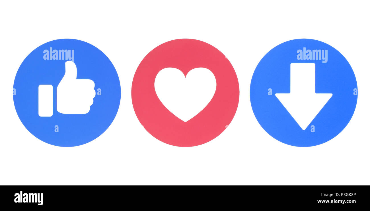 Kiev, Ukraine - le 22 novembre 2018 : Facebook Like, d'amour et de nouveaux icônes emoji de Downvote empathique Réactions imprimée sur papier. Banque D'Images