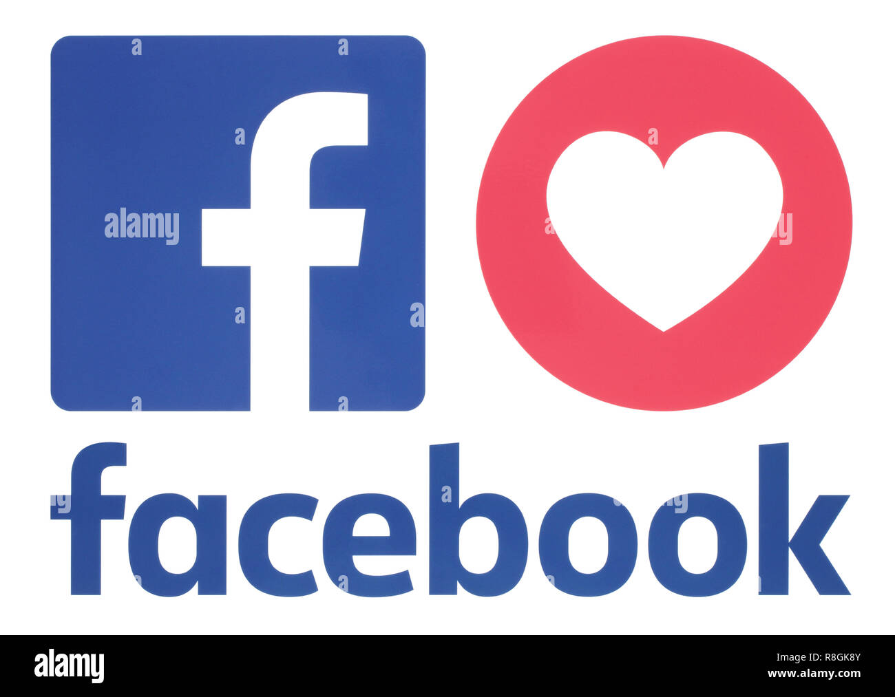 Kiev, Ukraine - le 22 novembre 2018 : icône Facebook avec amour compréhensif, réaction Emoji imprimée sur papier. Banque D'Images