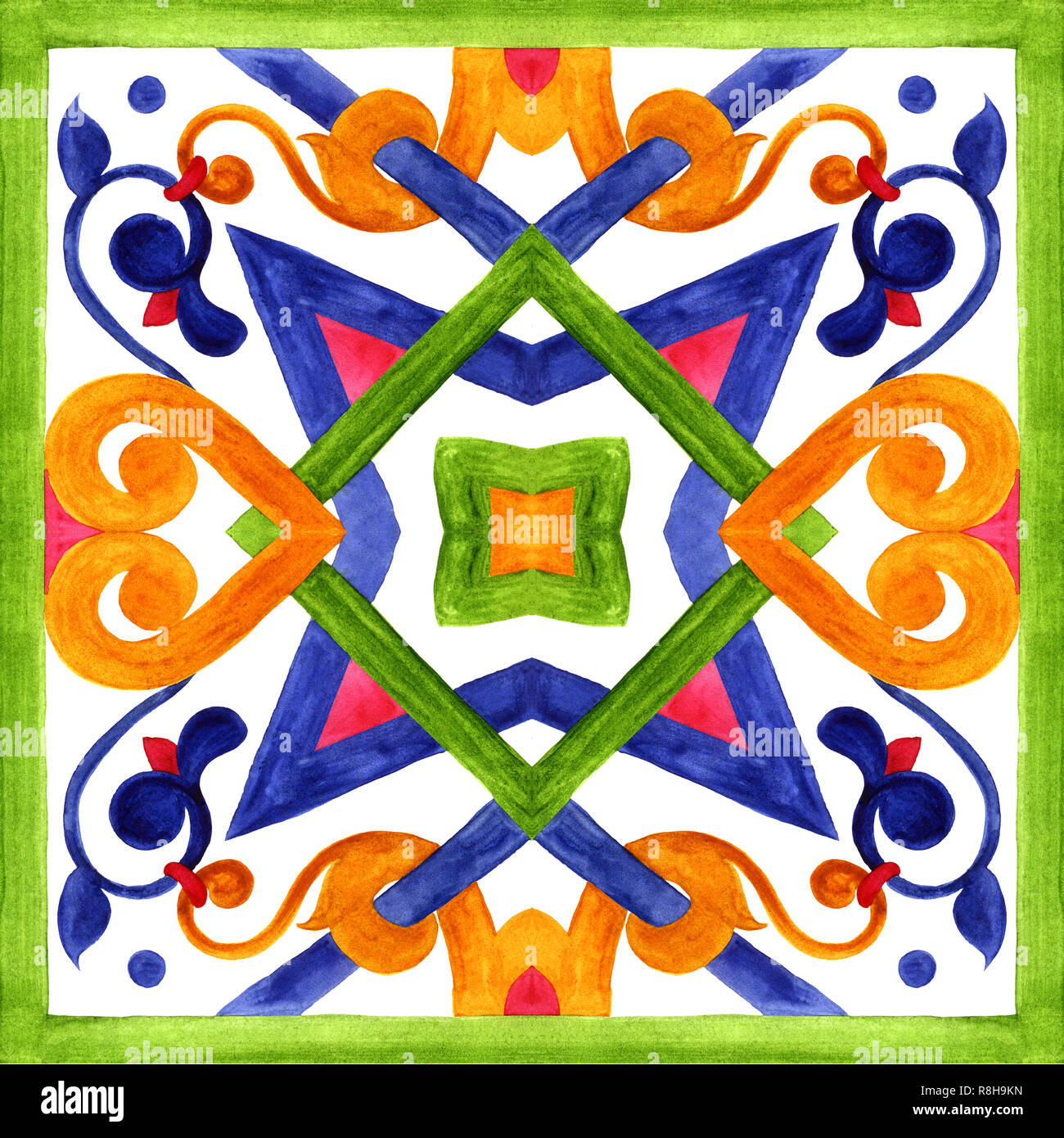 Tuiles azulejo portugais. Les modèles sans couture aquarelle, imprime Banque D'Images