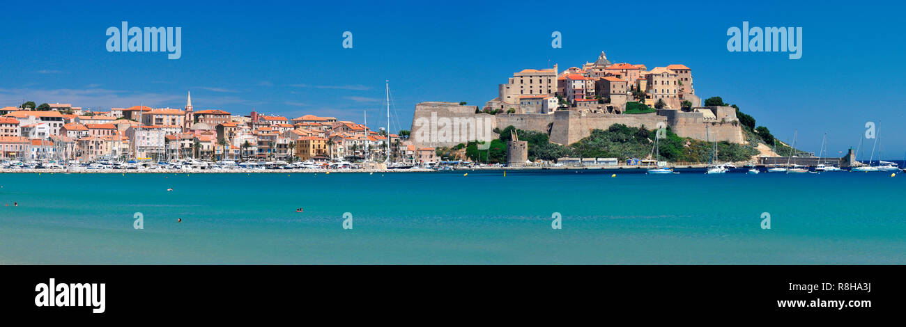 Autour de la Corse - vue panoramique sur la plage de Calvi et la Citadelle pour une belle journée. Banque D'Images