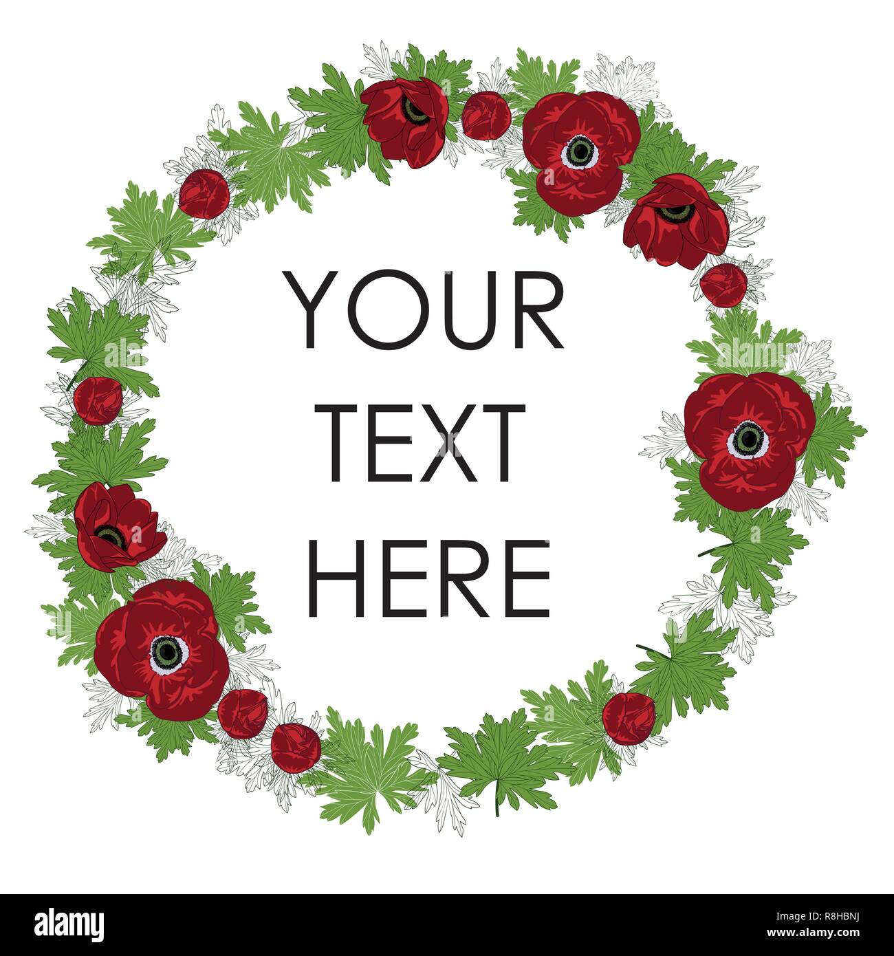 Forme arrondie avec vecteur d'anémones rouges et de feuilles. Floral frame. Illustration de Vecteur