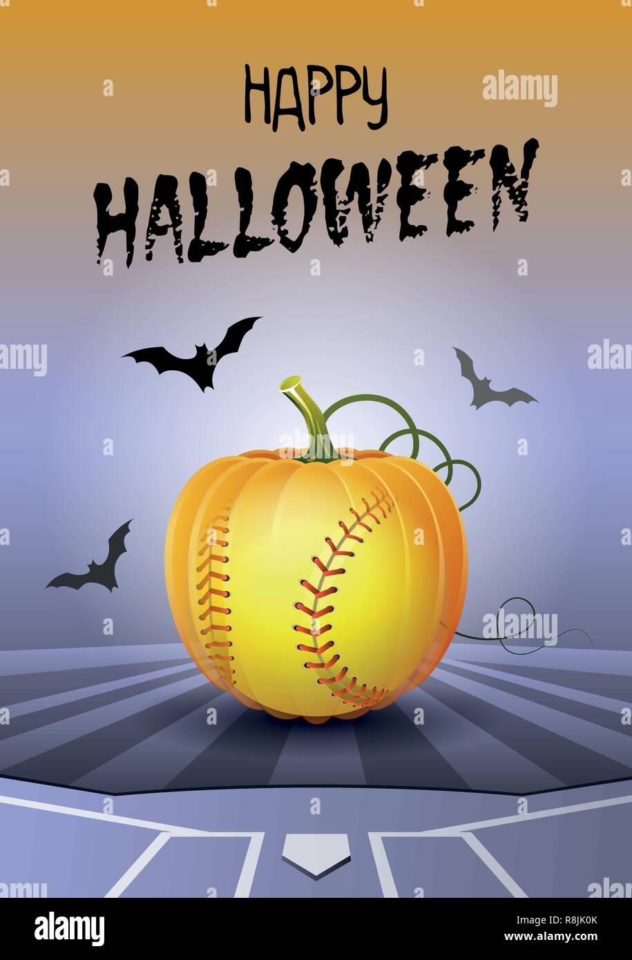 Happy Halloween. Sports Carte de vœux. Balle de softball réaliste dans la forme d'une citrouille. Vector illustration. Illustration de Vecteur