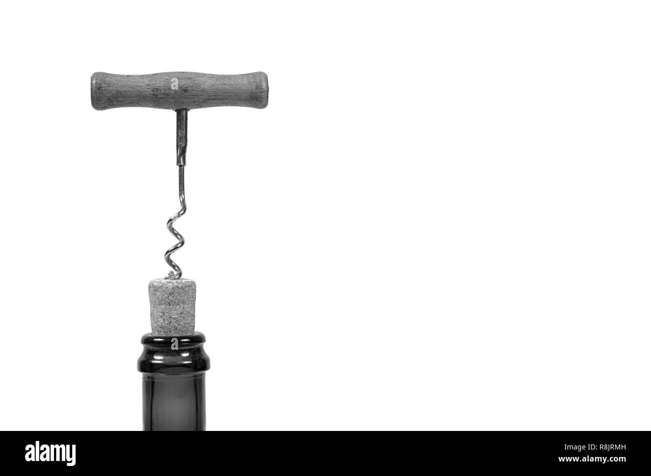 Tire-bouchon l'ouverture de la bouteille de vin en noir et blanc. Banque D'Images