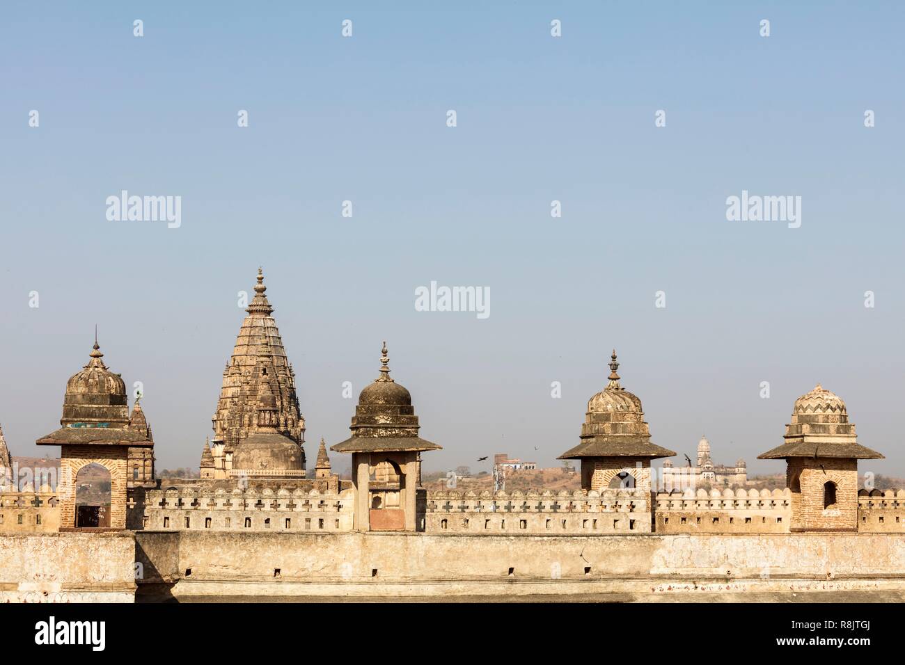 L'Inde, le Madhya Pradesh, Orchha, Raja Mahal Palace chhatris Banque D'Images