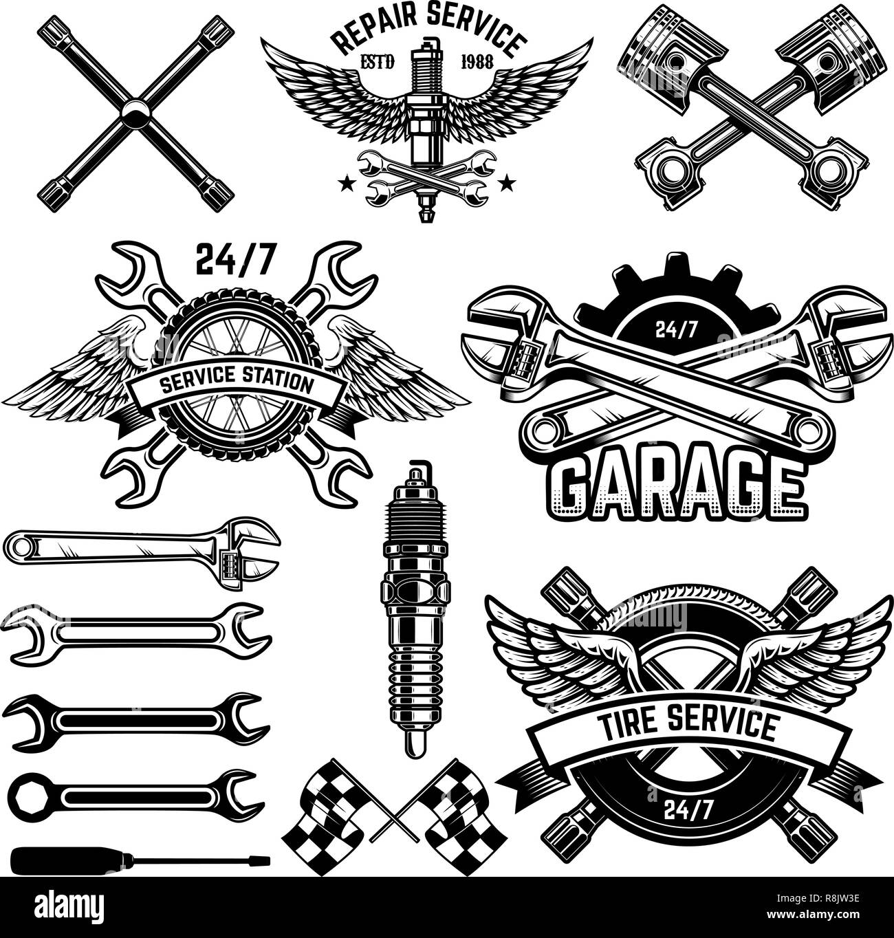 Jeu de voiture service station emblèmes et éléments de conception. Pour logo, étiquette, panneau, banderole, t shirt, poster. Vector illustration Illustration de Vecteur