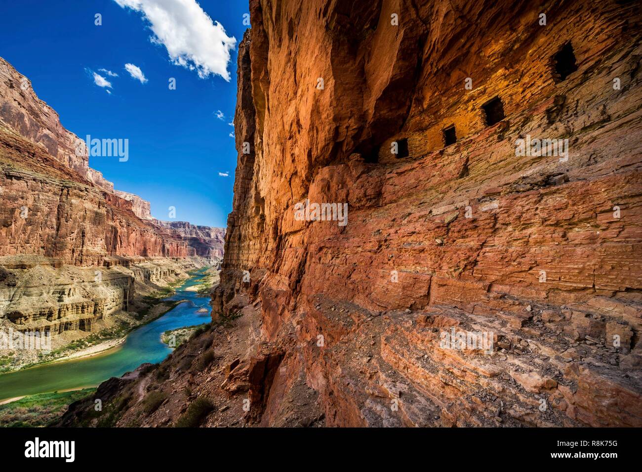 United States, Arizona, Grand Canyon National Park, rafting sur la rivière Colorado entre Lee's Ferry près de Page et Phantom Ranch, falaise-pendaison païute Nankoweap greniers de Banque D'Images