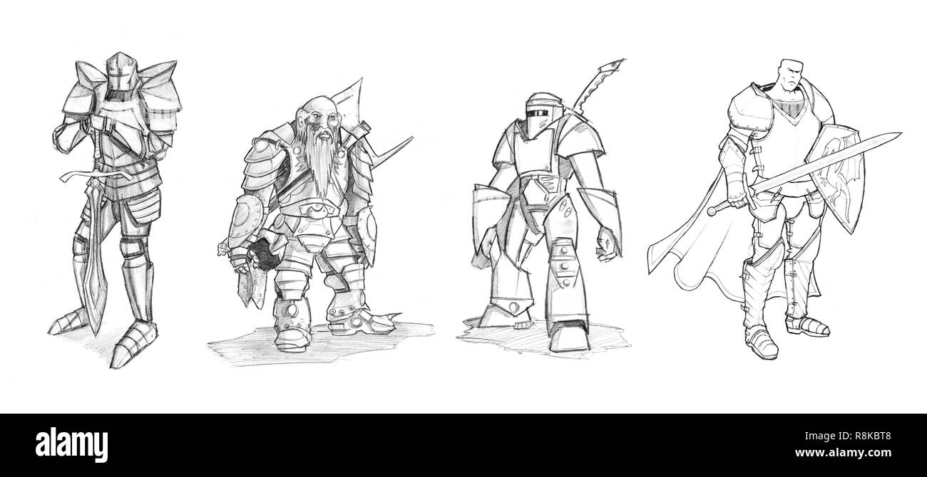 Ensemble de dessins au crayon ou d'encre de divers personnages Fantasy Warrior Banque D'Images