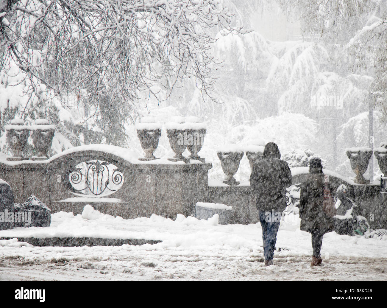 Couple en train de marcher vers le parc de la ville de fortes chutes de neige Banque D'Images