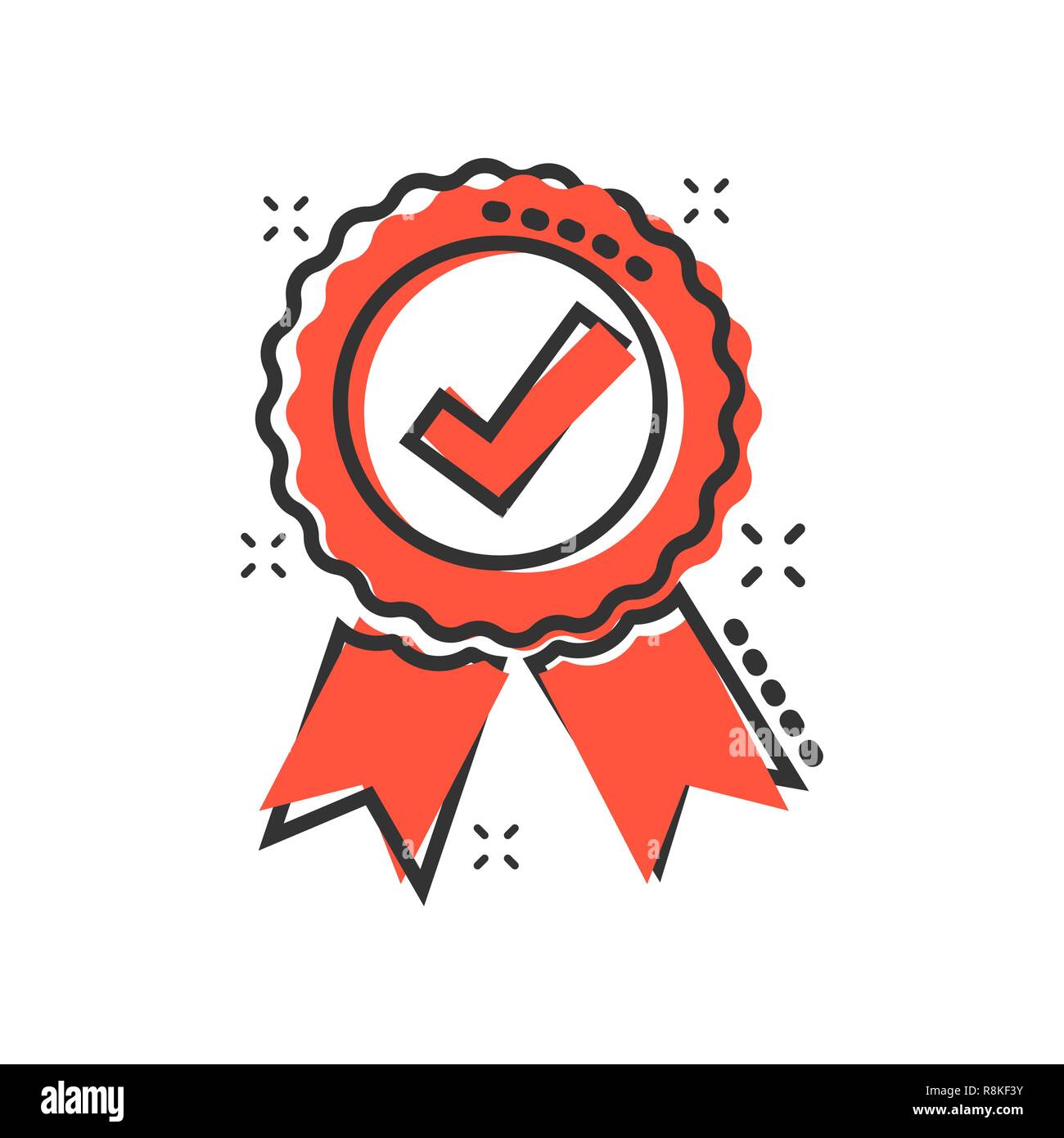 Médaille certificat approuvé icône dans le style comique. Coche stamp  vector cartoon illustration pictogramme. Accepté, l'entreprise joint prix  splash concept e Image Vectorielle Stock - Alamy