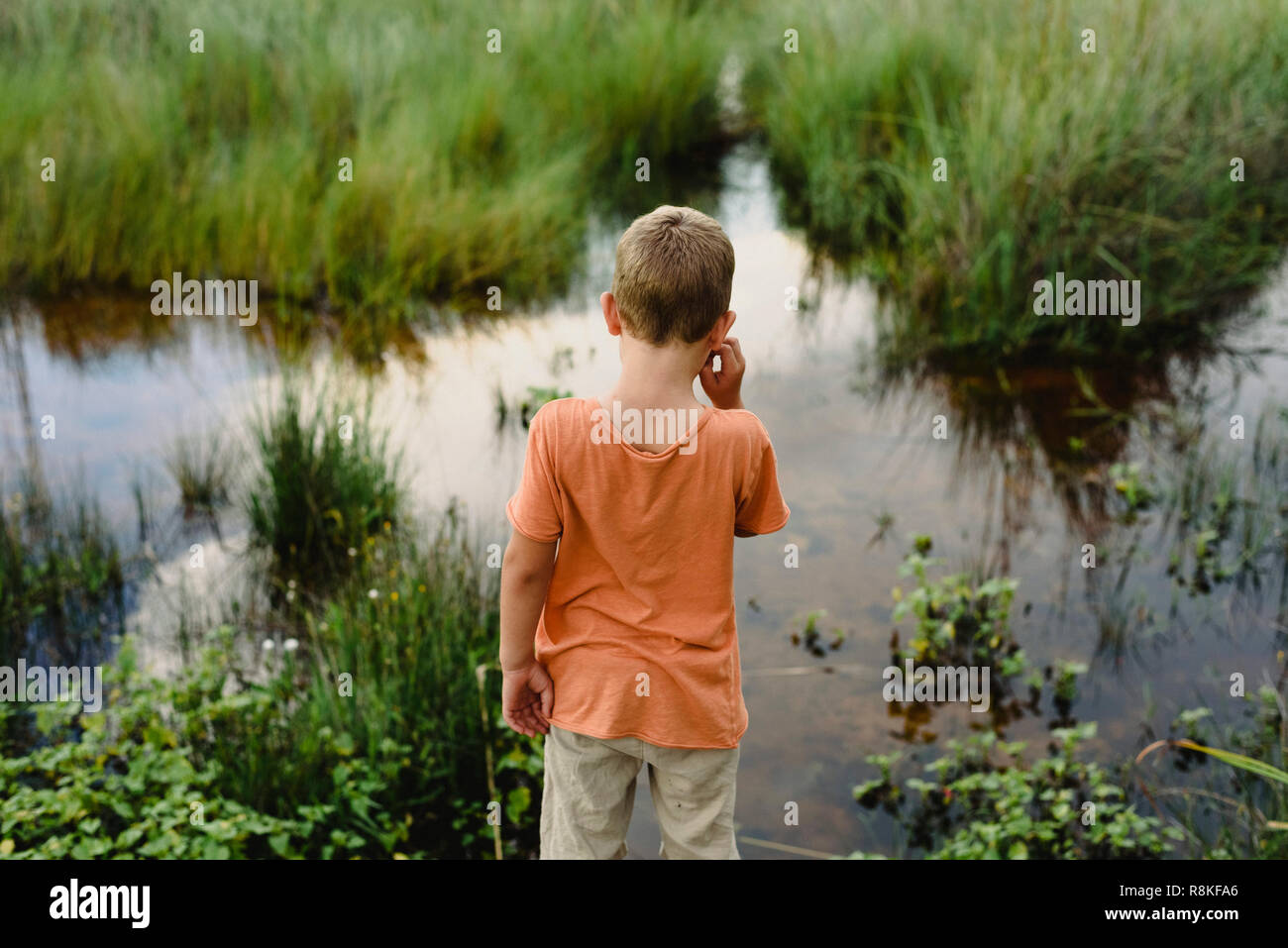 Enfant de derrière à la recherche à l'eau calme d'un lac Banque D'Images