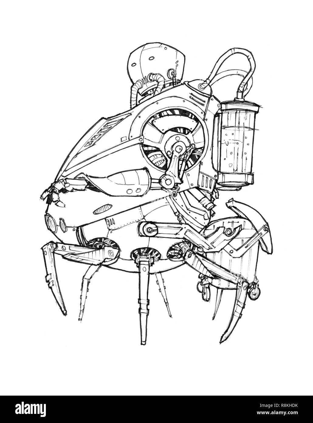 Dessin à l'encre noire de Robot drôle mignon Banque D'Images