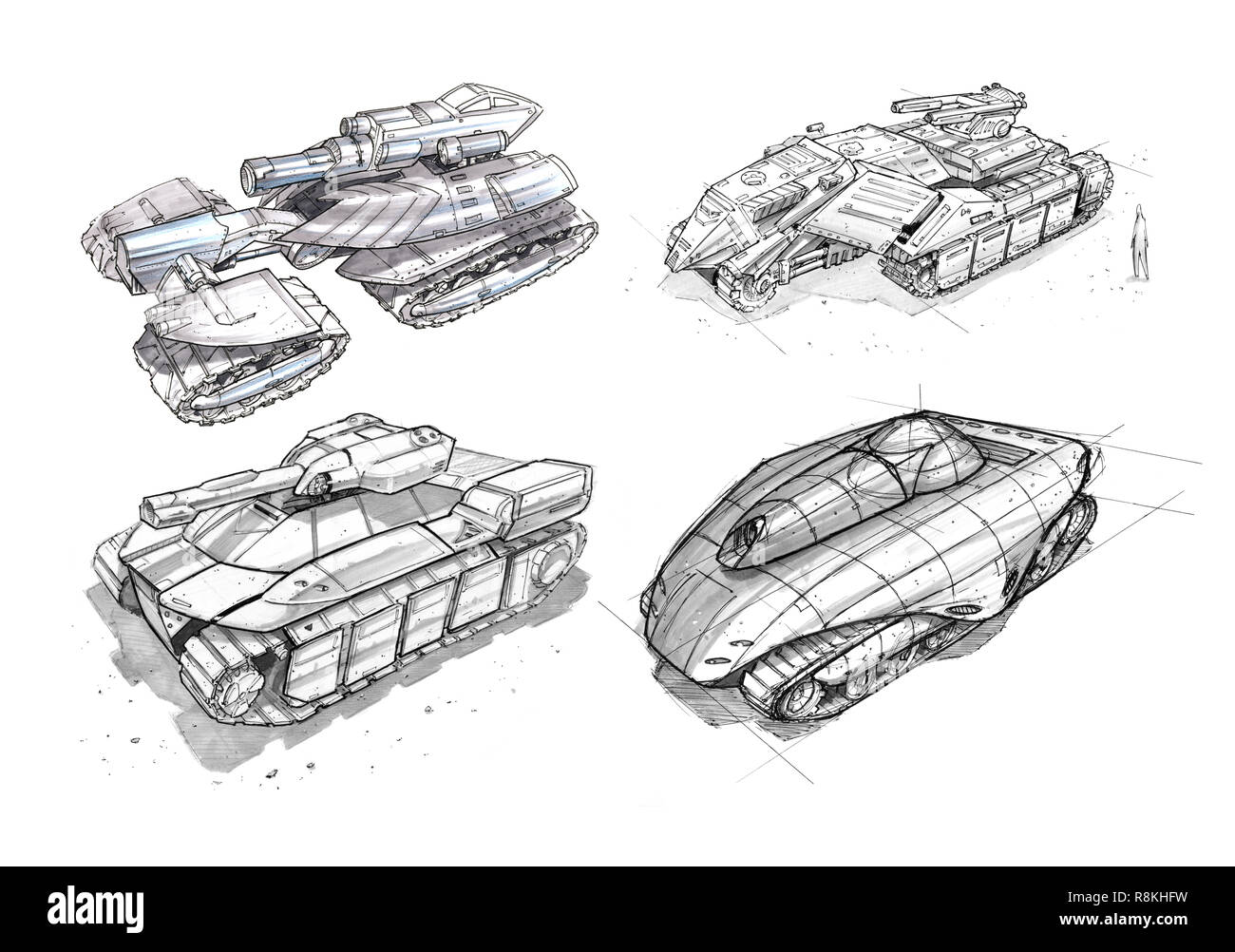 Concept Art d'encre noire Dimensions de série de science-fiction les futurs modèles de citernes militaires Banque D'Images