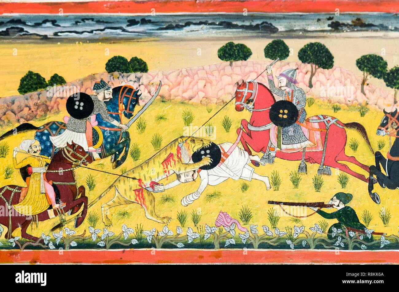 L'Inde, Rajasthan, Bikaner, fort de Junagarh, peint fresque représentant une chasse au tigre Banque D'Images