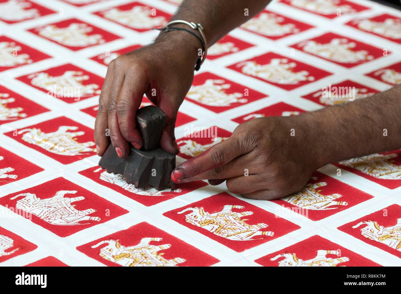 L'Inde, Rajasthan, Jaipur, teck timbres pour l'impression textile Banque D'Images