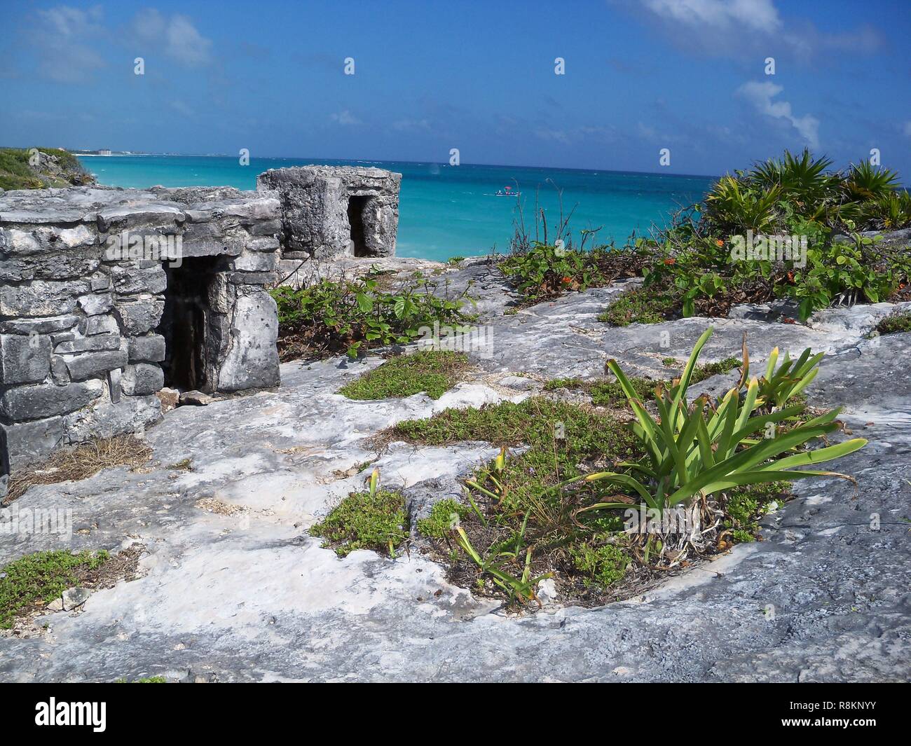 Sur les cabanes en pierre Caraïbes, ruines mayas de Tulum Banque D'Images