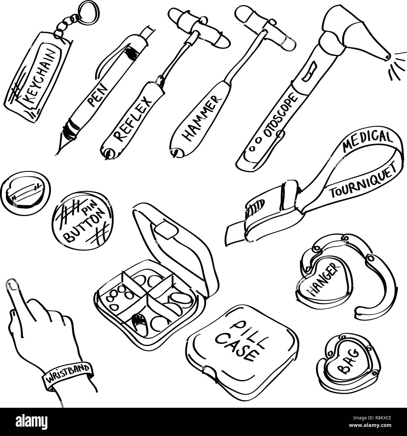 Ensemble de fournitures médicales à la main doodles isolé sur un fond blanc. Illustration de Vecteur