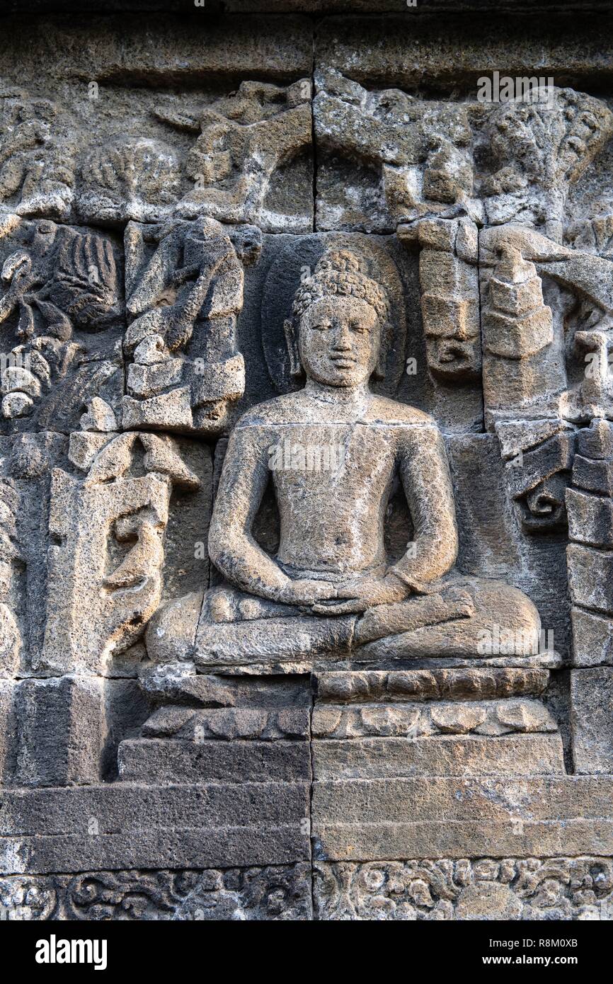 L'Indonésie, Java, temple de Borobudur. Temple bouddhiste classé au patrimoine mondial de l'UNESCO,Bas-reliefs Banque D'Images